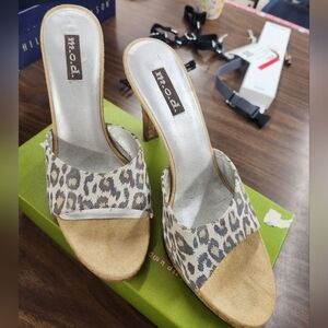 Women's Leopard Print Heeled Sandals - Tan and Gray
